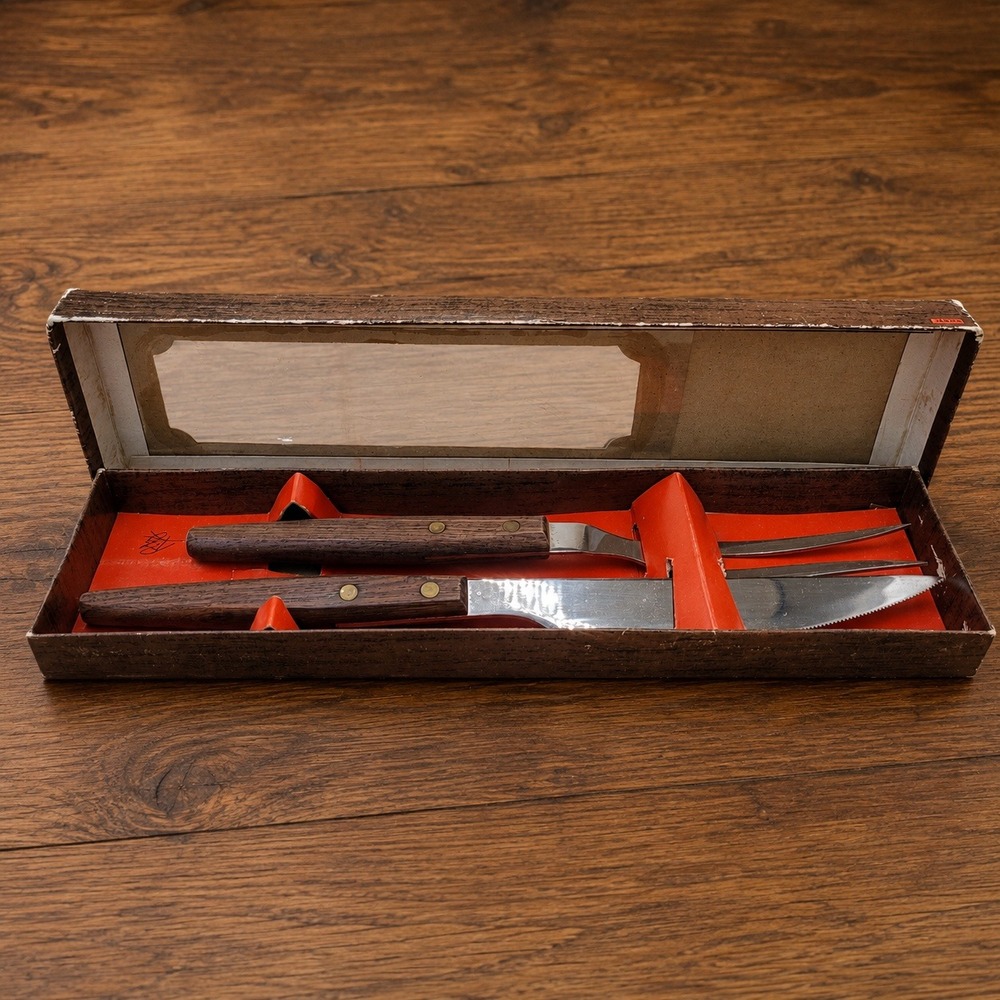 Vintage St. Regis Carving Set Stainless Steel Serrated Knife Rosewood Handle Box